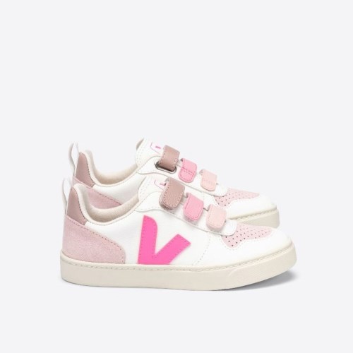 Veja V-10 Velcro Chromefree Kids Trainers White/Pink UK 58876